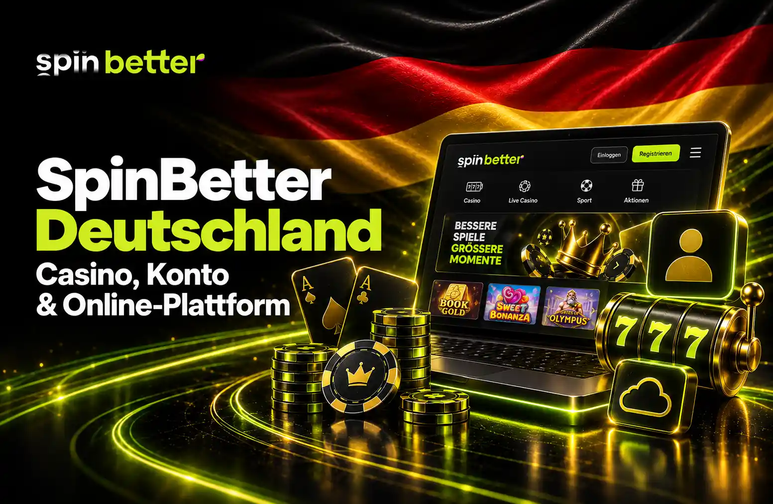 SpinBetter Online-Plattform mit Casino, Konto und Spieloberfläche auf einem Bildschirm